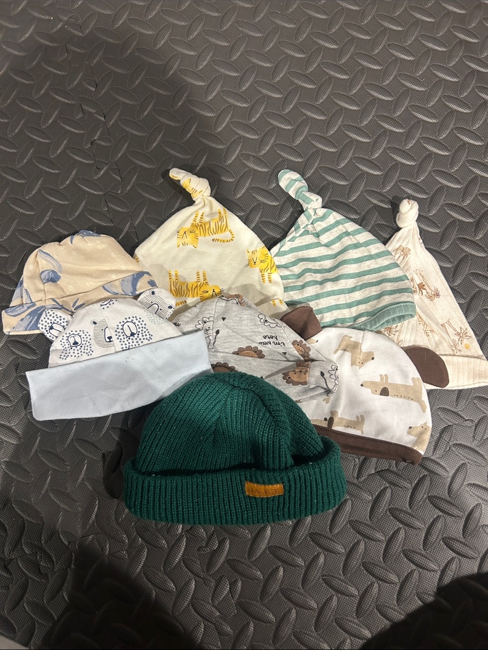 Baby Knit Beanie and Cotton Knot Hat Bundle - Green, Cream, Yellow, Blue